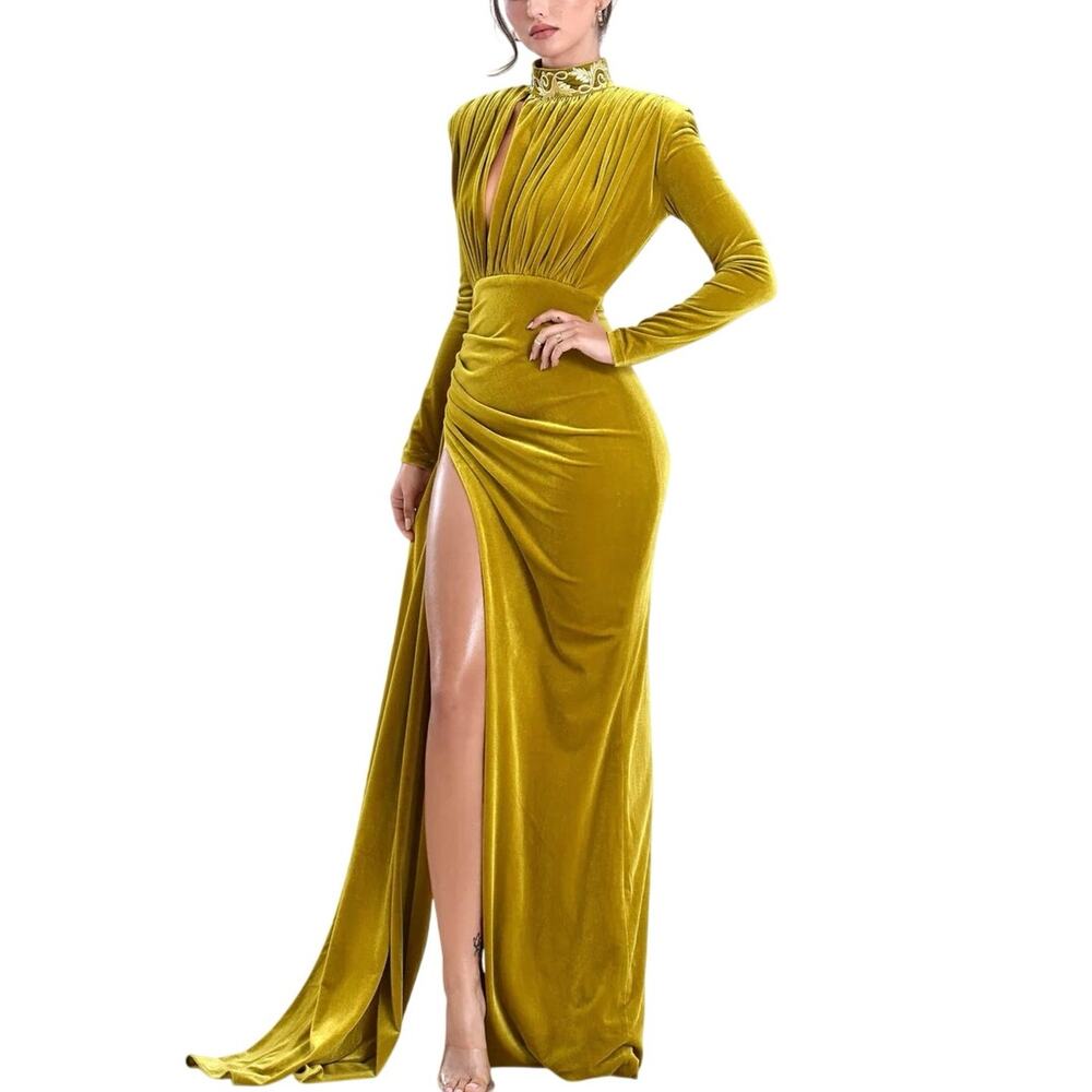 Miss Circle Priya Gold Cutout High Slit Velvet Gown NWT - L